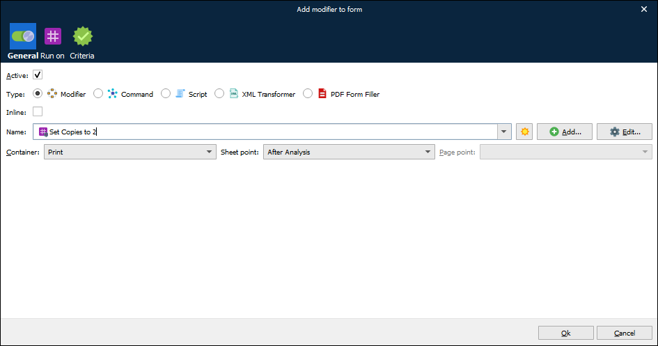 The Add modifier to form window.